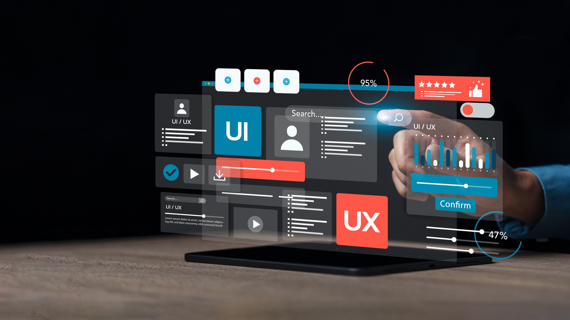 UX-UI development along with web design to develop mobile and laptop app interface layout design. User experience concept, UX-UI designer, creative planning, data visualization, application design