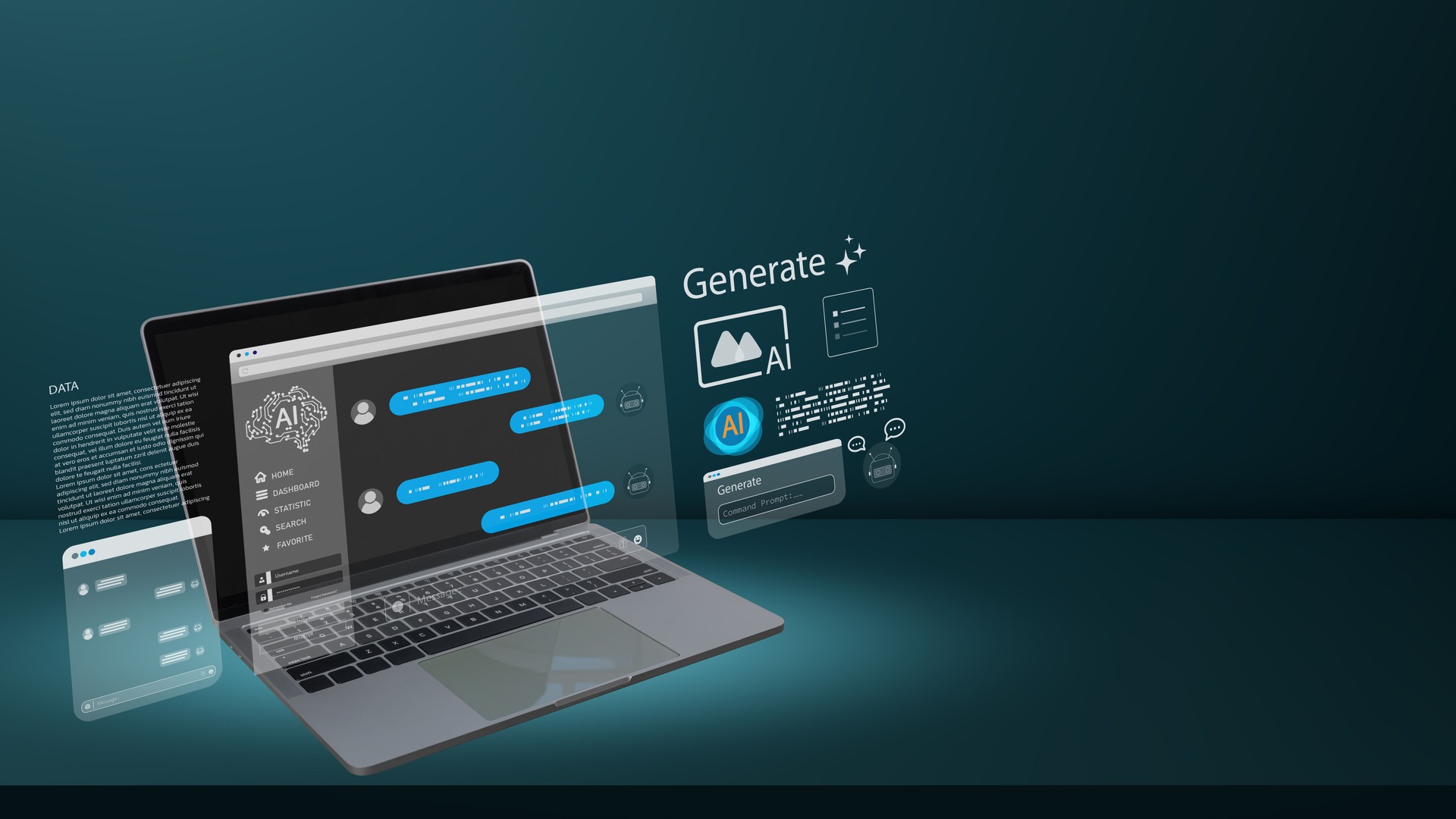 Laptop with futuristic AI-powered chat interface and creative generation tools in digital space, concept of artificial intelligence and modern technology innovation
